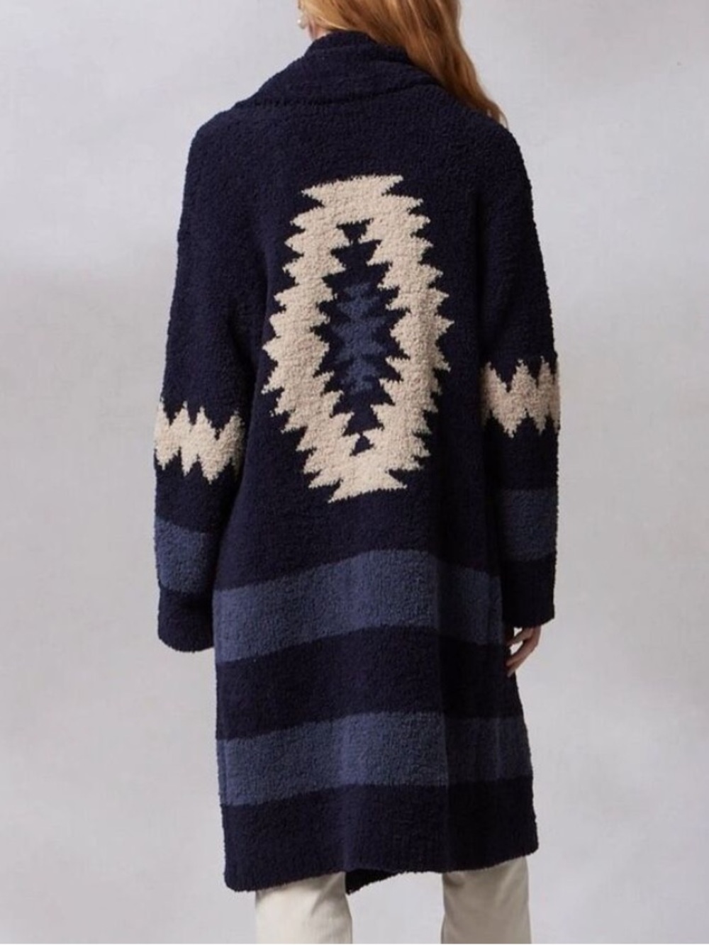 Kashwere Women One Size Navy Chenilla Aztec Shawl Collar Long Cardigan Coat NWT